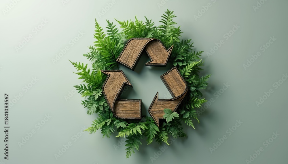 Fototapeta premium Recycle symbol made of wood and green leaves. Symbolizes eco friendly process, nature, green energy and conservation. Use for environment, sustainability and nature themes. Use for earth day content.