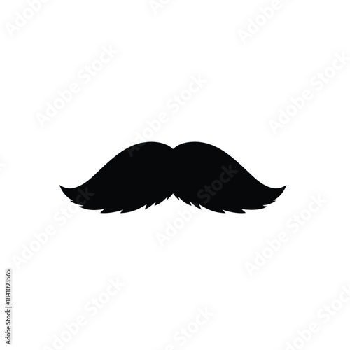 A black silhouette of a mustache with a classic handlebar style against a clean white background.