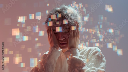 Stress, digital overload, mental-health pressure and emotional fatigue form the commercial theme. An Asian teenager holds his head among digital glitch elements, representing anxiety, burnout and tech