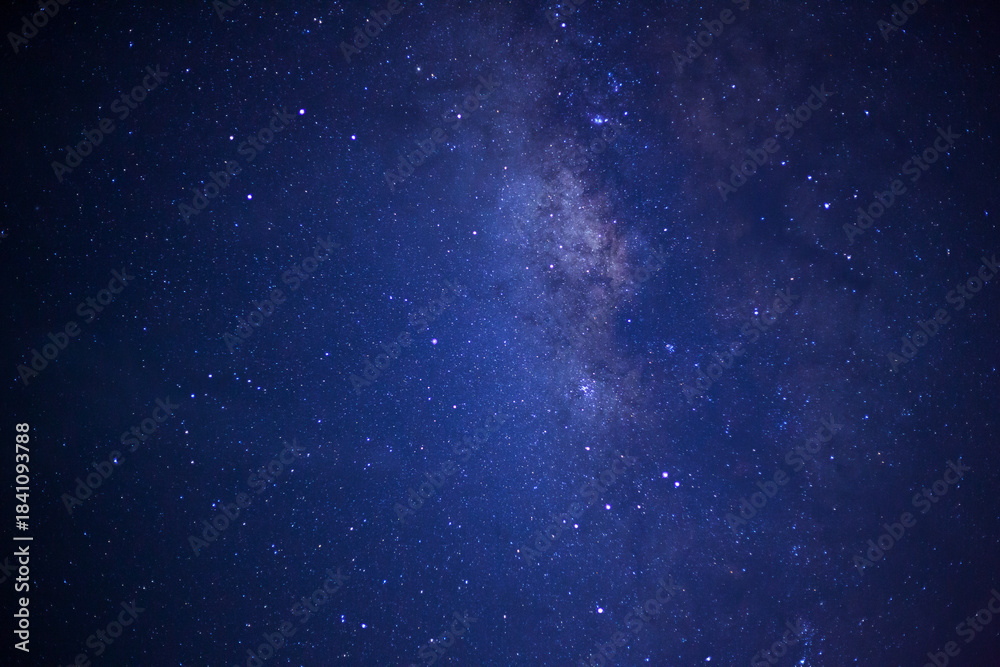 Fototapeta premium Night blue sky space background, Starry universe in dark blue sky, Milky way galaxy with stardust field in deep universe