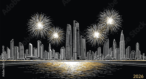 City skyline with fireworks reflecting on water celebrating the year 2026 ahead