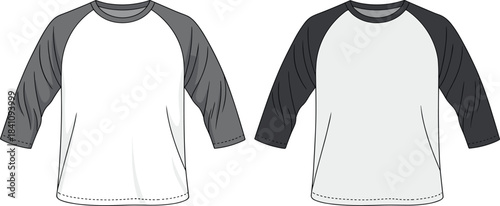 Raglan sleeve baseball t-shirt blank template, front and back views, three-quarter sleeves vector fashion illustration