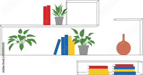 Colorful books and plants displayed on modern floating shelves in a home setting