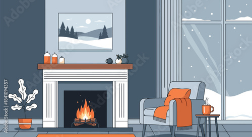 Cozy living room with fireplace armchair and snowy window during winter season