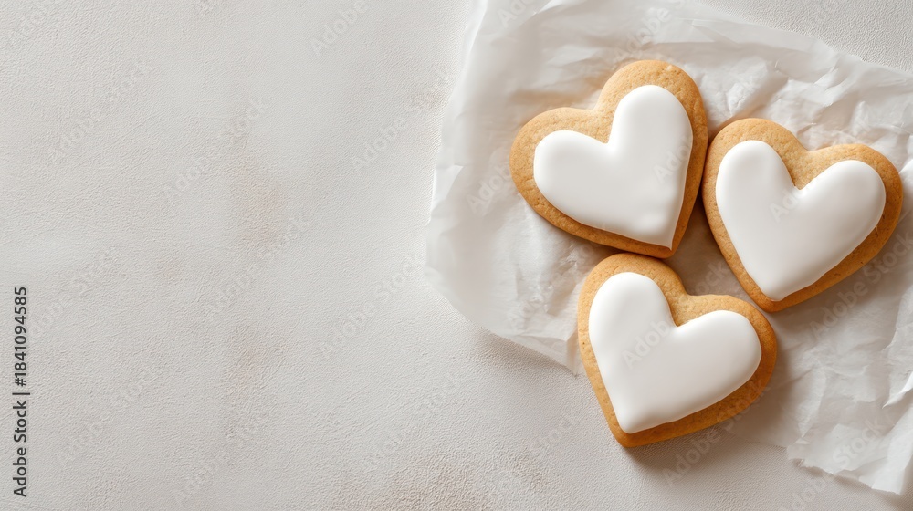 Obraz premium A minimalist arrangement of three heart shaped cookies decorated with icing placed neatly on parchment paper Soft shadows
