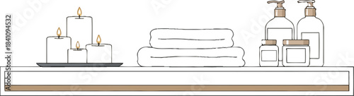 Spa bathroom shelf with candles towels and toiletries for relaxation concept