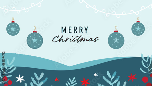 Illustration of a merry christmas scene with ornaments, stars, and winter foliage on a light blue background