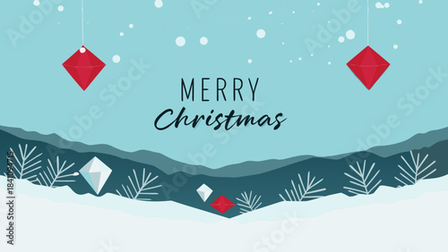 Merry christmas scene with hanging ornaments, snow, trees, and mountains in a festive winter landscape