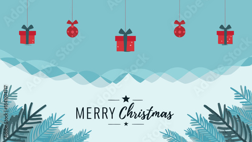 Wallpaper Mural Festive christmas scene with hanging gifts and ornaments above merry christmas text and pine branches Torontodigital.ca