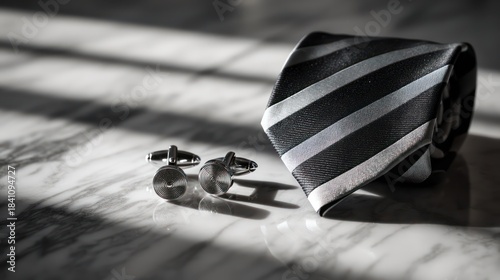 A neatly folded necktie arranged beside silver cufflinks on reflective marble surface Spotlight emphasizes fabric texture and metallic