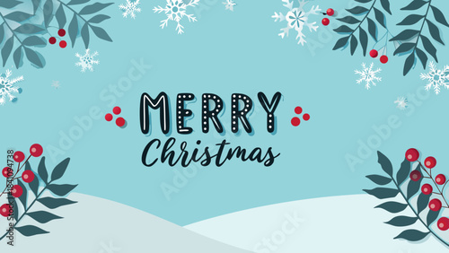 Merry christmas themed background with snowflakes, leaves, and berries on a light blue background design