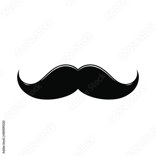 A black mustache silhouette with a glossy effect on a plain white background, showcasing a classic handlebar style.