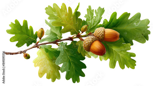 Fresh green oak branch with multiple vibrant leaves and mature brown acorns in detailed close-up isolated on white background
