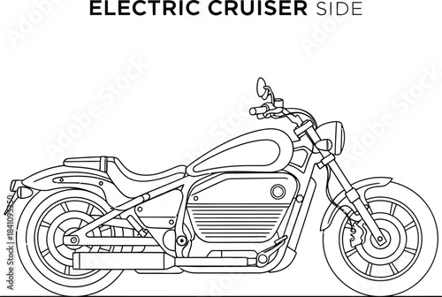 Side view of a minimalist line art electric cruiser motorcycle on white background