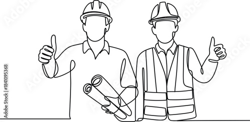 Two Construction Workers in Hard Hats Giving Thumbs Up