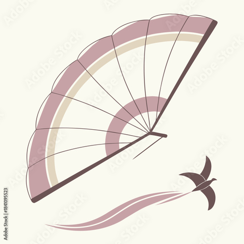 Elegance in Flight: An artistic rendering of a graceful fan with a bird in flight, its trajectory elegantly depicted, creating a sense of movement and beauty.