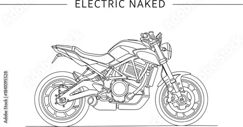 Minimalist line art illustration of an electric naked motorcycle on white background