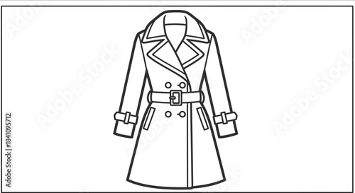 Elegant belted trench coat illustration in black and white outline style
