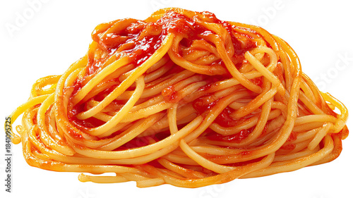 Fresh cooked spaghetti coated in rich tomato sauce piled neatly as a appetizing pasta serving isolated on white background

