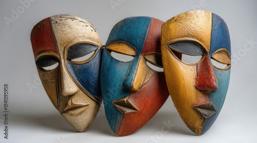 A professional studio shot of decorative masks painted in seasonal colors carefully placed against a plain background is
