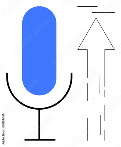 Audio sharing, communication, podcasting, file upload, technology, sound recording. A blue microphone with an upward arrow suggesting upload. Audio sharing and communication visual