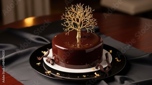 Luxurious chocolate mirror glaze cake crowned with intricate golden tree topper, scattered curls and flakes on black plate, dramatic festive dessert perfect for elegant winter dinners and holiday.