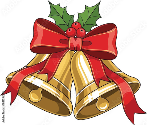 Golden christmas bells with red ribbon and holly berries festive holiday season
