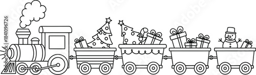 Festive christmas train carrying gifts and a snowman in a cute outline drawing