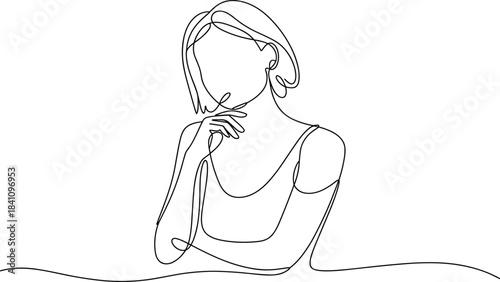 Woman with Long Hair Touching Her Neck in a Minimalist Line