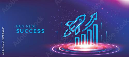 Business Success neon vector featuring a rocket launch and rising bar chart to represent growth and future achievement. A modern glowing, business presentations, marketing materials, startups