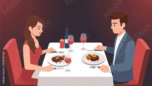 This flat design illustration captures a happy couple enjoying an intimate Valentine's dinner, complete with candles and a special dessert, symbolizing their romantic celebration.