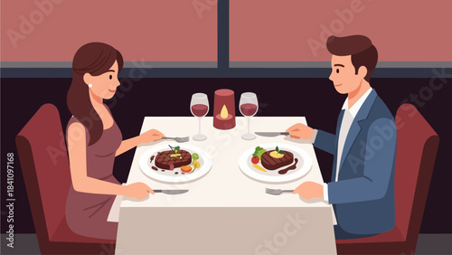 This flat design illustration captures a happy couple enjoying an intimate Valentine's dinner, complete with candles and a special dessert, symbolizing their romantic celebration.