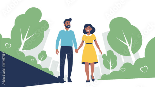 A vibrant flat design illustration showing a happy diverse couple walking hand-in-hand, symbolizing their loving bond and shared journey on Valentine's Day.