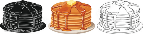 Stack of delicious pancakes with melting butter and dripping syrup presented in color outline and silhouette styles