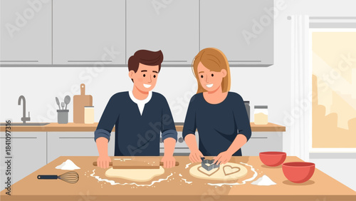 This delightful flat design illustration shows a happy couple happily baking heart-shaped cookies together, embodying a sweet and loving shared activity for Valentine's Day.