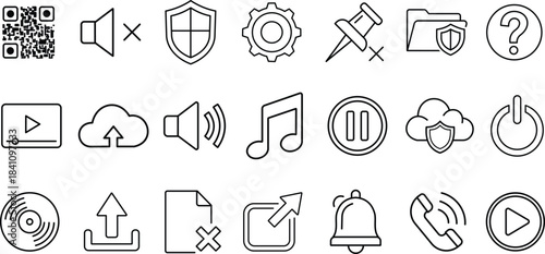 Collection of hand drawn outline icons for digital and media use isolated on transparent background