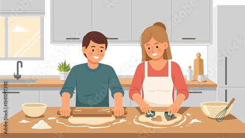 This delightful flat design illustration shows a happy couple happily baking heart-shaped cookies together, embodying a sweet and loving shared activity for Valentine's Day.