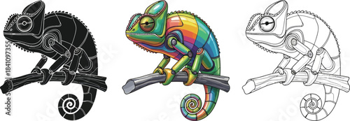 Cybernetic chameleon illustration set featuring full color silhouette and outline versions for design projects