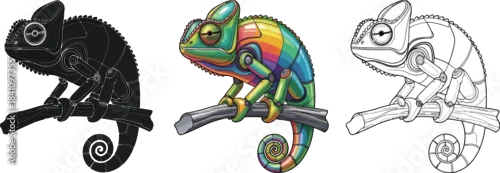 Fototapeta Cybernetic chameleon illustration set featuring full color silhouette and outline versions for design projects