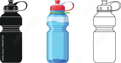 Set of three reusable sports water bottles showing full color flat icon and outline styles for hydration graphics
