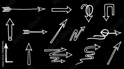 Collection of white handdrawn arrow icons against a black background