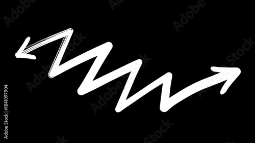 White handdrawn zigzag arrow pointing left then right on black