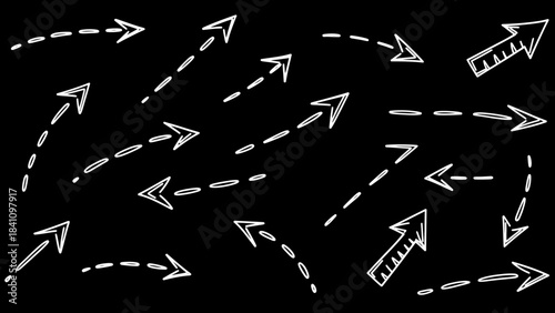 Handdrawn white dashed arrows pointing in various directions on a black background