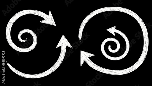 Two chalkstyle white spiral arrows interacting on a black background