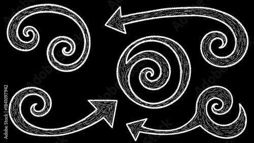 White chalkstyle swirling arrows and spirals on a black background