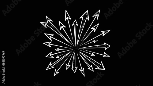 White handdrawn arrows exploding outwards from a central point on a black background