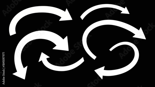 White curved arrows forming cycles on a black background