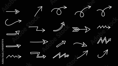 Set of white handdrawn arrow icons on a black background