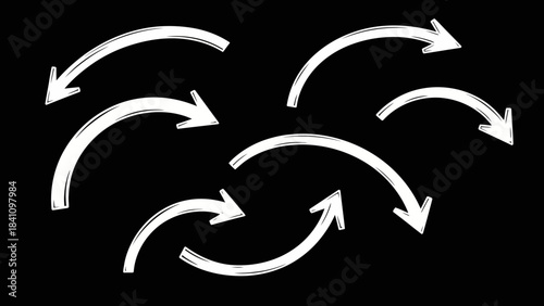 A collection of seven white handdrawn curved arrows set against a black background
