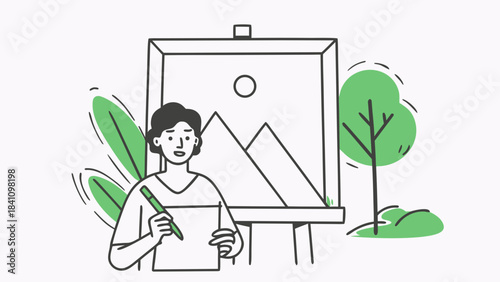 Person drawing landscape on canvas with pen in nature setting with trees and foliage present here now